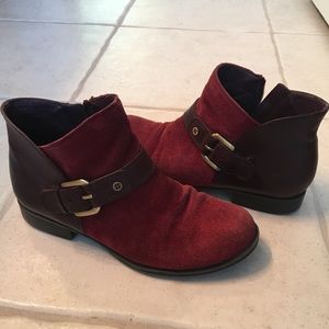 Maroon suede and leather booties with buckle